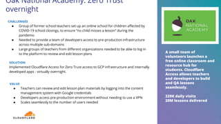 A small team of
volunteers launches a
free online classroom and
resource hub for
students. Cloudflare
Access allows teachers
and developers to build
and QA lessons
seamlessly.
220K daily visits
20M lessons delivered
Oak National Academy: Zero Trust
overnight
25
CHALLENGES
● Group of former school teachers set up an online school for children affected by
COVID-19 school closings, to ensure “no child misses a lesson” during the
pandemic
● Needed to provide a team of developers access to pre-production infrastructure
across multiple sub-domains
● Large groups of teachers from different organizations needed to be able to log in
to the platform to review and edit lesson plans
SOLUTION
Implemented Cloudflare Access for Zero Trust access to GCP infrastructure and internally
developed apps - virtually overnight.
VALUE
● Teachers can review and edit lesson plan materials by logging into the content
management system with Google credentials
● Developers access pre-production environment without needing to use a VPN
● Scales seamlessly to the number of users needed
 