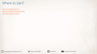 Where to start?
Zero Trust Assessment Tool
Zero Trust Rapid Modernization Plan
Zero Trust Guidance Center
 