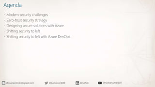 Agenda
 Modern security challenges
 Zero-trust security strategy
 Designing secure solutions with Azure
 Shifting security to left
 Shifting security to left with Azure DevOps
 