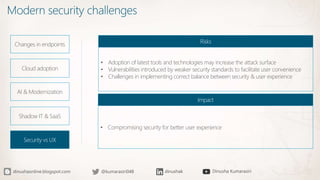 Modern security challenges
Changes in endpoints
Cloud adoption
Shadow IT & SaaS
Security vs UX
• Adoption of latest tools and technologies may increase the attack surface
• Vulnerabilities introduced by weaker security standards to facilitate user convenience
• Challenges in implementing correct balance between security & user experience
Risks
• Compromising security for better user experience
Impact
AI & Modernization
 