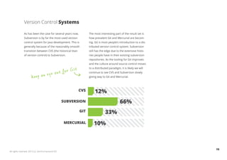 Version Control Systems

              As has been the case for several years now,          The most interesting part of the result set is
              Subversion is by far the most-used version           how prevalent Git and Mercurial are becom-
              control system for Java development. This is         ing. Git is most people’s introduction to a dis-
              generally because of the reasonably smooth           tributed version control system. Subversion
              transition between CVS (the historical titan         still has the edge due to the extensive histo-
              of version control) to Subversion.                   ries people have in their existing subversion
                                                                   repositories. As the tooling for Git improves
                                                                   and the culture around source control moves

                                                     it
                                            ut for G
                                                                   to a distributed paradigm, it is likely we will


                     Keep an         ey e o                        continue to see CVS and Subversion slowly
                                                                   giving way to Git and Mercurial.




                                                             CVS        12%
                                                  SUBVERSION                                 66%
                                                             GIT                33%
                                                  MERCURIAL            10%



                                                                                                                      19
All rights reserved. 2012 (c) ZeroTurnaround OÜ
 