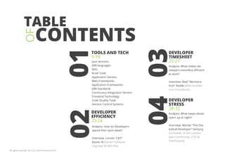 TABLE
            OF
                         CONTENTS

                                                  01


                                                                                    04 03
                                                   TOOLS AND TECH                       DEVELOPER
                                                   5-19                                 TIMESHEET
                                                   Java versions                        25-27
                                                   JVM languages                        Analysis: What makes de-
                                                   IDEs                                 velopers more/less efficient
                                                   Build Tools                          at work?
                                                   Application Servers
                                                   Web Frameworks                       Interview: Matt “Montana
                                                   Application Frameworks               Irish” Raible (Web Architec-
                                                   JVM Standards                        ture Consultant)
                                                   Continuous Integration Servers
                                                   Frontend Technology
                                                   Code Quality Tools                   DEVELOPER
                                                   Version Control Systems              STRESS
                                                                                        28-32
                                                   DEVELOPER
                                                  02
                                                                                        Analysis: What keeps devel-
                                                   EFFICIENCY                           opers up at night?
                                                   20-24
                                                   Analysis: How do Developers          Interview: Martijn “The Dia-
                                                   spend their work week?               bolical Developer” Verburg
                                                                                        (Co-leader of the London
                                                   Interview: Lincoln “LB3”             Java Community, CTO @
                                                   Baxter III (Senior Software          TeamSparq)
                                                   Engineer @ Red Hat)
All rights reserved. 2012 (c) ZeroTurnaround OÜ
 