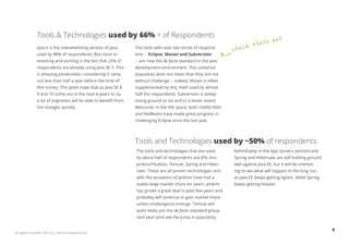 Tools & Technologies used by 66% + of Respondents                                                                            t
                                                                                                                                 u
              Java 6 is the overwhelming version of Java,       The tools with over two thirds of respond-
                                                                                                                  check t hese o
              used by 88% of respondents. But more in-          ents -- Eclipse, Maven and Subversion
              teresting and exciting is the fact that 23% of    -- are now the de facto standard in the Java
              respondents are already using Java SE 7. This     development environment. This universal
              is amazing penetration, considering it came       popularity does not mean that they are not
              out less than half a year before the time of      without challenge -- indeed, Maven is often
              this survey. This gives hope that as Java SE 8,   supplemented by Ant, itself used by almost
              9 and 10 come out in the next 6 years or so,      half the respondents. Subversion is slowly
              a lot of engineers will be able to benefit from   losing ground to Git and to a lesser extent
              the changes quickly.                              Mercurial. In the IDE space, both IntelliJ IDEA
                                                                and NetBeans have made great progress in
                                                                challenging Eclipse since the last year.




                                                                Tools and Technologies used by ~50% of respondents
                                                                The tools and technologies that are used          behind Jetty in the App Servers section) and
                                                                by about half of respondents are JPA, Ant,        Spring and Hibernate are still holding ground
                                                                Jenkins/Hudson, Tomcat, Spring and Hiber-         well against Java EE, but it will be interest-
                                                                nate. These are all proven technologies and       ing to see what will happen in the long run,
                                                                with the exception of Jenkins have had a          as Java EE keeps getting lighter, while Spring
                                                                stable large market share for years. Jenkins      keeps getting heavier.
                                                                has grown a great deal in past few years and
                                                                probably will continue to gain market share
                                                                unless challenger(s) emerge. Tomcat will
                                                                quite likely join the de facto standard group
                                                                next year (and see the jump in popularity


                                                                                                                                                                   6
All rights reserved. 2012 (c) ZeroTurnaround OÜ
 