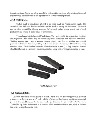 impact resistance. Steels are often wrought by cold-working methods, which is the shaping of
metal through deformation at a low equilibrium or Meta stable temperature.
4.1.2 Mild Steels:
Carbon steel is sometimes referred to as ‘mild steel’ or ‘plain carbon steel’. The
American Iron and Steel Institute defines a carbon steel as having no more than 2 % carbon
and no other appreciable alloying element. Carbon steel makes up the largest part of steel
production and is used in a vast range of applications.
Typically carbon steels are stiff and strong. They also exhibit ferromagnetism (i.e. they
are magnetic). This means they are extensively used in motors and electrical appliances.
Welding carbon steels with a carbon content greater than 0.3 % requires that special
precautions be taken. However, welding carbon steel presents far fewer problems than welding
stainless steels. The corrosion resistance of carbon steels is poor (i.e. they rust) and so they
should not be used in a corrosive environment unless some form of protective coating is used.
Fig.14 :Square Tube
4.2 Nuts and Bolts:
A screw thread is a helical groove on a shaft. When used for delivering power, it is called
a drive screw. Drive screws aren't really all that efficient, as they loose a significant amount of
power to friction. However, this friction can be put to use in the case of threaded fasteners.
You might say that a drive screw is an inclined plane wrapped around a post, while a fastener
is a wedge wrapped around a post.
 