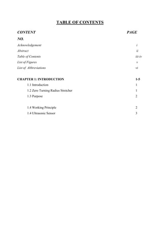 TABLE OF CONTENTS
CONTENT PAGE
NO.
Acknowledgement i
Abstract ii
Table of Contents iii-iv
List of Figures v
List of Abbreviations vi
CHAPTER 1: INTRODUCTION 1-5
1.1 Introduction 1
1.2 Zero Turning Radius Stretcher 1
1.3 Purpose 2
1.4 Working Principle 2
1.4 Ultrasonic Sensor 3
 
