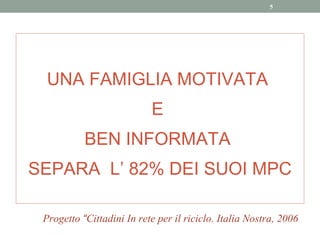 5




  UNA FAMIGLIA MOTIVATA
                           E
           BEN INFORMATA
SEPARA L’ 82% DEI SUOI MPC

 Progetto “Cittadini In rete per il riciclo. Italia Nostra, 2006
 