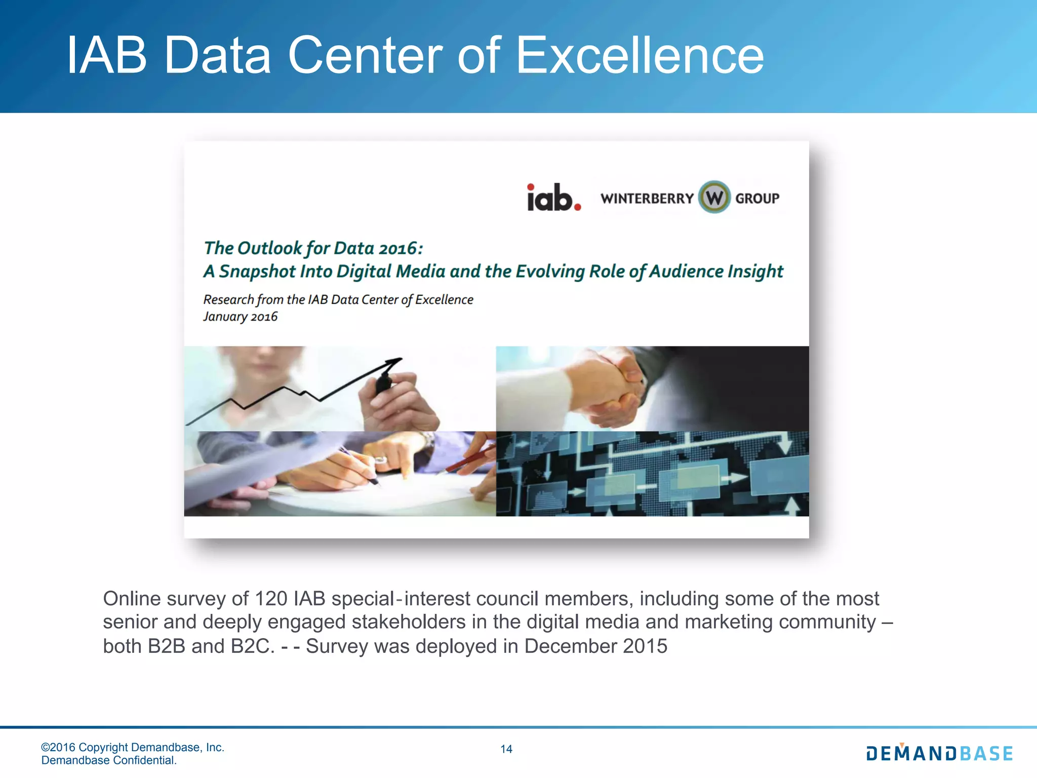 ©2016 Copyright Demandbase, Inc.
Demandbase Confidential.
14
IAB Data Center of Excellence
Online survey of 120 IAB special‐interest council members, including some of the most
senior and deeply engaged stakeholders in the digital media and marketing community –
both B2B and B2C. - - Survey was deployed in December 2015
 