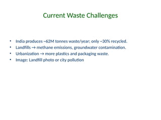Current Waste Challenges
• India produces ~62M tonnes waste/year; only ~30% recycled.
• Landfills → methane emissions, groundwater contamination.
• Urbanization → more plastics and packaging waste.
• Image: Landfill photo or city pollution
 