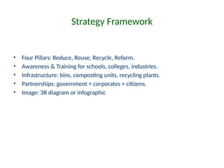 Strategy Framework
• Four Pillars: Reduce, Reuse, Recycle, Reform.
• Awareness & Training for schools, colleges, industries.
• Infrastructure: bins, composting units, recycling plants.
• Partnerships: government + corporates + citizens.
• Image: 3R diagram or infographic
 