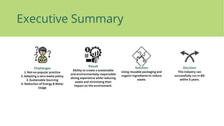Challanges
1. Not-so-popular practice
2. Adopting a zero-waste policy
3. Sustainable Sourcing
4. Reduction of Energy & Water
Usage
Result
Ability to create a sustainable
and environmentally responsible
dining experience while reducing
waste and minimizing their
impact on the environment.
Solution
Using reusable packaging and
organic ingredients to reduce
waste.
Decision
This industry can
successfully run in BD
within 5 years.
Executive Summary
 