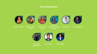 The Intimidators
Nafisa Nawshin Miftahul Jannat
Maisha
Sadman Sakib
Ornob
Mayeesha
Mehzabeen Haque
Purba
Utsha Paul Md. Soliman Ali
Md. Anowar
Hossain Ratul
Fuwad Zamil Nasir Uddin
 