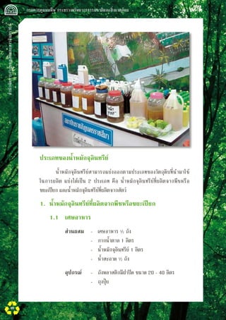 สำนักจัดการกากของเสียและสารอันตราย
 กรมควบคุมมลพิษ กระทรวงทรัพยากรธรรมชาติและสิ่งแวดล้อม
40
	 ประเภทของน้ำหมักจุลินทรีย์
		 น้ำหมักจุลินทรีย์สามารถแบ่งออกตามประเภทของวัตถุดิบที่นำมาใช้

ในการผลิต แบ่งได้เป็น 2 ประเภท คือ น้ำหมักจุลินทรีย์ที่ผลิตจากพืชหรือ

ขยะเปียก และน้ำหมักจุลินทรีย์ที่ผลิตจากสัตว์
	 1.	 น้ำหมักจุลินทรีย์ที่ผลิตจากพืชหรือขยะเปียก
	 	 1.1	 เศษอาหาร
	 	 	 ส่วนผสม	 -	 เศษอาหาร ½ ถัง
				 -	 กากน้ำตาล 1 ลิตร
				 -	 น้ำหมักจุลินทรีย์ 1 ลิตร
				 -	 น้ำสะอาด ½ ถัง
	 	 	 อุปกรณ์	 -	 ถังพลาสติกมีฝาปิด ขนาด 20 - 40 ลิตร
				 -	 ถุงปุ๋ย
 