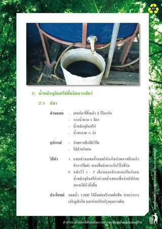 สำหรับอาสาสมัครพิทักษ์ทรัพยากรธรรมชาติและสิ่งแวดล้อมหมู่บ้าน
คู่มือแนวทางการลดคัดแยกและใช้ประโยชน์ขยะมูลฝอย
47
	 2.	 น้ำหมักจุลินทรีย์ที่ผลิตจากสัตว์
		 2.1	 ปลา
		 	 ส่วนผสม	 -	 เศษปลาที่ทิ้งแล้ว 3 กิโลกรัม
				 -	 กากน้ำตาล 1 ลิตร
				 -	 น้ำหมักจุลินทรีย์ 
				 -	 น้ำสะอาด ½ ถัง
	 	 	 อุปกรณ์	 -	 ถังพลาสติกมีฝาปิด
				 -	 ไม้สำหรับคน
			 วิธีทำ	 1.	 ผสมส่วนผสมทั้งหมดใส่ลงในถังพลาสติกแล้ว

	 ทำการปิดฝา ขณะที่หมักควรเก็บไว้ในที่ร่ม
				 2.	 หมักไว้ 1 - 2 เดือนและต้องคอยเปิดถังคน

	 น้ำหมักจุลินทรีย์อย่างสม่ำเสมอเพื่อช่วยให้ย่อย

	 สลายได้เร็วยิ่งขึ้น
			 ประโยชน์	 ผสมน้ำ 1:500 ใช้ฉีดพ่นหรือรดต้นพืช ช่วยเร่งการ

เจริญเติบโต และช่วยปรับปรุงคุณภาพดิน
 