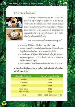 สำนักจัดการกากของเสียและสารอันตราย
 กรมควบคุมมลพิษ กระทรวงทรัพยากรธรรมชาติและสิ่งแวดล้อม
84
	 2.7	การผลิตเชื้อเพลิงเขียว 
	 	 การใช้วัสดุเหลือใช้จากการเกษตร เช่น เศษพืช กิ่งไม้
ใบไม้ชนิดต่างๆ เศษวัสดุทางการเกษตร เช่น ซังข้าวโพดหลัง
จากการกะเทาะ ชานอ้อย และแกลบ เป็นต้น มาทำเป็นเชื้อเพลิง
พลังงานทดแทนการใช้ถ่านไม้ หรือก๊าซจะทำให้ประชาชนท้อง
ถิ่นลดค่าใช้จ่ายด้านพลังงาน และหากมีการใช้เชื้อเพลิงพลังงาน
ทดแทนนี้อย่างกว้างขวาง จะทำให้เกิดอาชีพรับจ้างในการผลิต
เชื้อเพลิงจากวัสดุเกษตรนี้ได้อีกด้วย 
		 สำหรับกระบวนการผลิตเชื้อเพลิงเขียวมีวิธีแปรรูปดังนี้
		 1)	การบดย่อย ทำได้โดยการใช้เครื่องสับ และเครื่องป่นวัสดุ
		 2)	การผสม การผสมคือการผสมวัสดุที่ถูกบดย่อย กับสารที่จะช่วยประสาน

		 วัสดุให้ติดกันง่ายขึ้น เช่น น้ำ กากน้ำตาล แป้งมัน เป็นต้น
		 3)	การอัดเป็นแท่ง ทำได้โดยการใช้เครื่องอัดแท่ง เป็นรูปทรงกระบอก 

		 ขนาดเส้นผ่าศูนย์กลาง 1.5 นิ้ว 2 นิ้ว หรือ 3 นิ้ว ตามความต้องการ

		 โดยใช้หัวอัดขนาดต่างๆ กัน
		 4)	การตากแดดให้แห้ง เพื่อให้เชื้อเพลิงอัดแท่งแห้ง ใช้เวลาประมาณ 1 - 2 วัน
	 ตารางเปรียบเทียบค่าความร้อน จากเชื้อเพลิงเขียวอัดแท่ง เปรียบเทียบ
กับไม้ฟืนและถ่านไม้
ชนิดของเชื้อเพลิงเขียว/วัสดุ
 ค่าความร้อน (แคลอรี่ต่อกรัม)
ชานอ้อย
 2200
ซังข้าวโพด
 2500
แกลบ
 2000
ไม้ฟืน (ไม้สน)
 3700
ไม้ฟืน (ไม้นนทรี)
 4300
ถ่านไม้
 5,000 – 7,000 ขึ้นอยู่กับชนิดของไม้
 