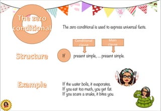 The zero conditional is used to express universal facts.
If present simple, … present simple.
If the water boils, it evapo...