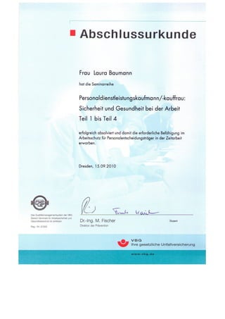 Zertifikate von Laura Baumann (Personaldienstleistungskauffrau)