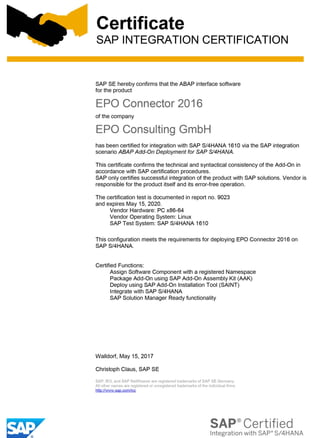 Zertifizierungsurkunde für den EPO Connector zur Integration mit SAP S/4HANA