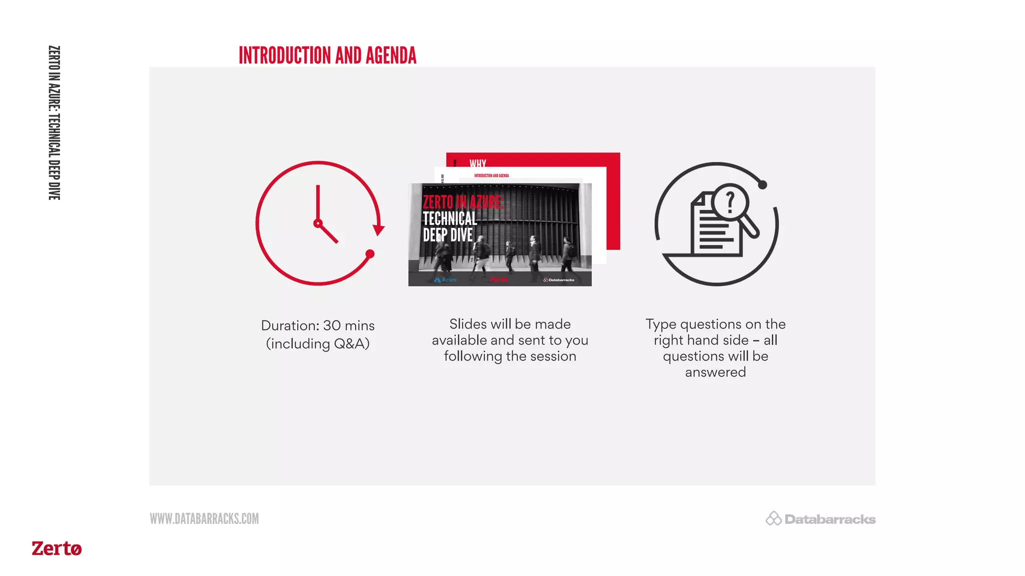 WWW.DATABARRACKS.COM
INTRODUCTION AND AGENDA
ZERTOINAZURE:TECHNICALDEEPDIVE
Duration: 30 mins
(including Q&A)
Type questions on the
right hand side – all
questions will be
answered
Slides will be made
available and sent to you
following the session
 