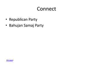 Connect
• Republican Party
• Bahujan Samaj Party
Answer
 