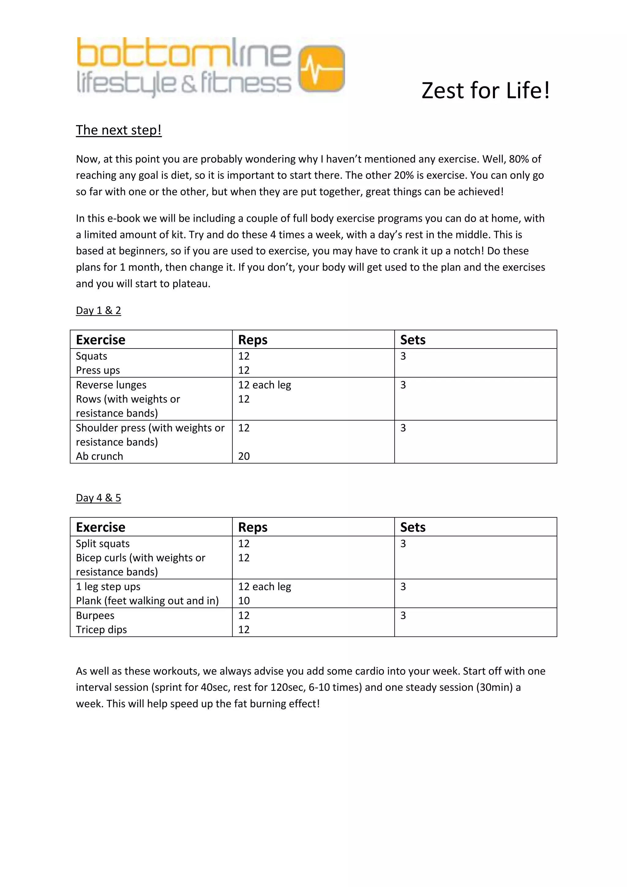 Zest for Life!
The next step!
Now, at this point you are probably wondering why I haven’t mentioned any exercise. Well, 80% of
reaching any goal is diet, so it is important to start there. The other 20% is exercise. You can only go
so far with one or the other, but when they are put together, great things can be achieved!

In this e-book we will be including a couple of full body exercise programs you can do at home, with
a limited amount of kit. Try and do these 4 times a week, with a day’s rest in the middle. This is
based at beginners, so if you are used to exercise, you may have to crank it up a notch! Do these
plans for 1 month, then change it. If you don’t, your body will get used to the plan and the exercises
and you will start to plateau.

Day 1 & 2

Exercise                            Reps                                Sets
Squats                              12                                  3
Press ups                           12
Reverse lunges                      12 each leg                         3
Rows (with weights or               12
resistance bands)
Shoulder press (with weights or     12                                  3
resistance bands)
Ab crunch                           20


Day 4 & 5

Exercise                            Reps                                Sets
Split squats                        12                                  3
Bicep curls (with weights or        12
resistance bands)
1 leg step ups                      12 each leg                         3
Plank (feet walking out and in)     10
Burpees                             12                                  3
Tricep dips                         12


As well as these workouts, we always advise you add some cardio into your week. Start off with one
interval session (sprint for 40sec, rest for 120sec, 6-10 times) and one steady session (30min) a
week. This will help speed up the fat burning effect!
 
