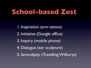 School-based Zest

 1. Inspiration (arm tattoo)
 2. Initiative (Google ofﬁce)
 3. Inquiry (mobile phone)
 4. Dialogue (ear sculpture)
 5. Serendipity (Travelling Wilburys)
 