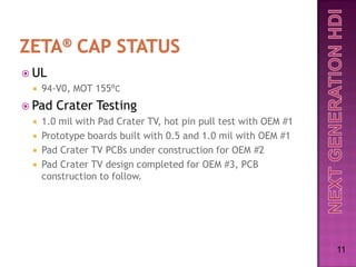  UL
    94-V0, MOT 155⁰C
 Pad   Crater Testing
    1.0 mil with Pad Crater TV, hot pin pull test with OEM #1
    Prototype boards built with 0.5 and 1.0 mil with OEM #1
    Pad Crater TV PCBs under construction for OEM #2
    Pad Crater TV design completed for OEM #3, PCB
     construction to follow.




                                                                 11
 