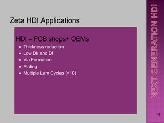 Zeta HDI Applications

 HDI – PCB shops+ OEMs
     Thickness reduction
     Low Dk and Df
     Via Formation
     Plating
     Multiple Lam Cycles (>10)




                                  13
 