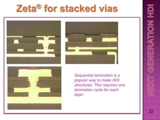 Zeta ®   for stacked vias




               Sequential lamination is a
               popular way to make HDI
               structures. This requires one
               lamination cycle for each
               layer.



                                               22
 