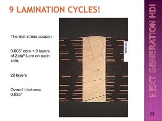 Thermal stress coupon


0.008” core + 9 layers
of Zeta® Lam on each
side.


20 layers


Overall thickness
0.035”



                         23
 