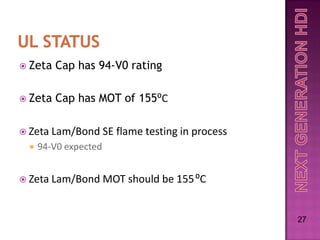  Zeta   Cap has 94-V0 rating

 Zeta   Cap has MOT of 155⁰C

 Zeta Lam/Bond       SE flame testing in process
    94-V0 expected


 Zeta Lam/Bond       MOT should be 155 ⁰C


                                                    27
 