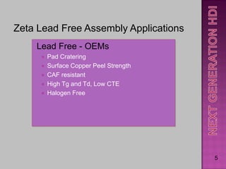 Zeta Lead Free Assembly Applications
    Lead Free - OEMs
        Pad Cratering
        Surface Copper Peel Strength
        CAF resistant
        High Tg and Td, Low CTE
        Halogen Free




                                        5
 