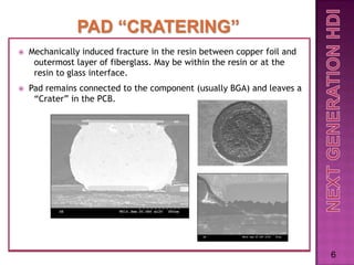 PAD “CRATERING”
   Mechanically induced fracture in the resin between copper foil and
     outermost layer of fiberglass. May be within the resin or at the
     resin to glass interface.
   Pad remains connected to the component (usually BGA) and leaves a
     “Crater” in the PCB.




                                                                         6
 