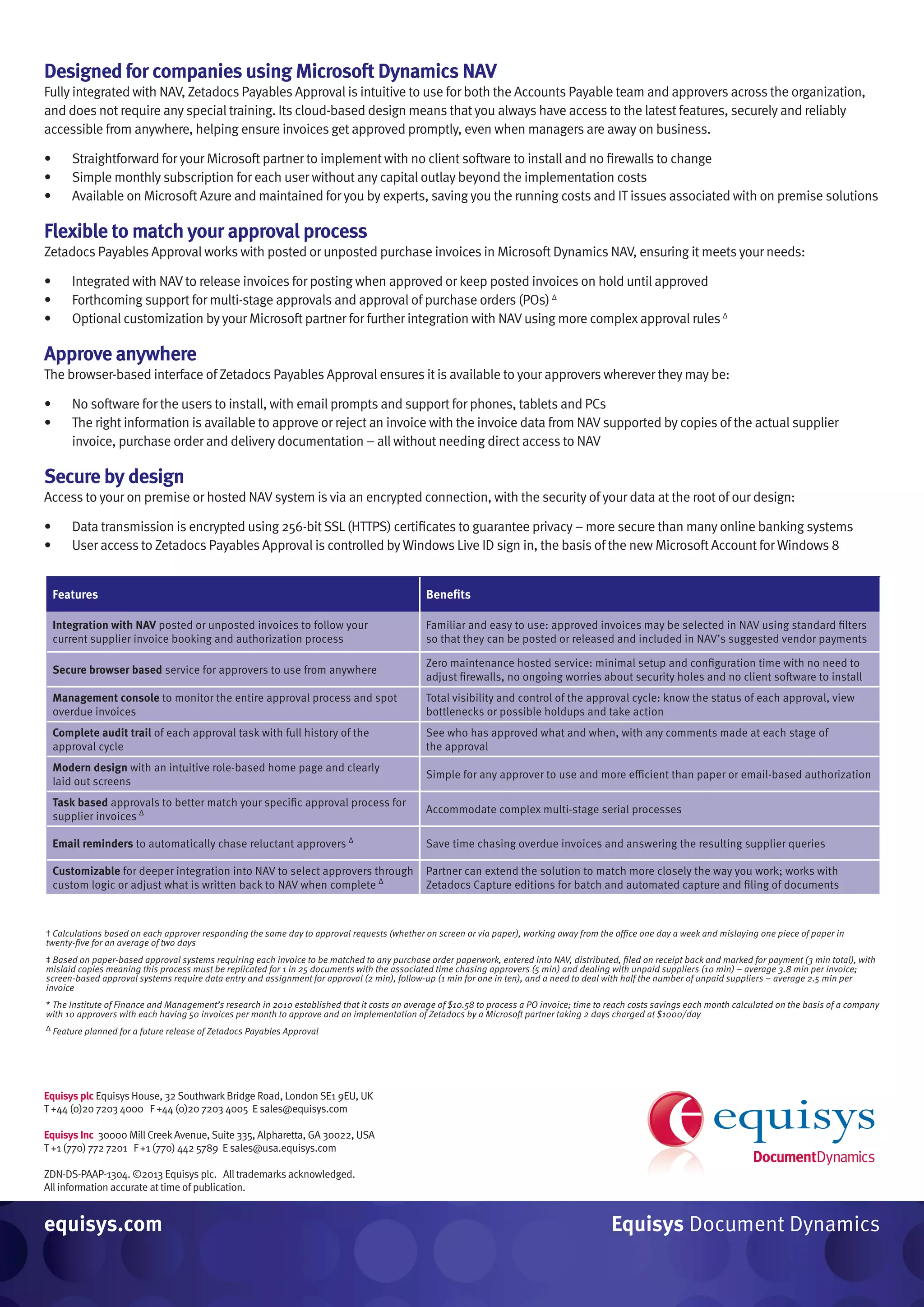 Designed for companies using Microsoft Dynamics NAV
Fully integrated with NAV, Zetadocs Payables Approval is intuitive to use for both the Accounts Payable team and approvers across the organization,
and does not require any special training. Its cloud-based design means that you always have access to the latest features, securely and reliably
accessible from anywhere, helping ensure invoices get approved promptly, even when managers are away on business.
•	 Straightforward for your Microsoft partner to implement with no client software to install and no firewalls to change
•	 Simple monthly subscription for each user without any capital outlay beyond the implementation costs
•	 Available on Microsoft Azure and maintained for you by experts, saving you the running costs and IT issues associated with on premise solutions
Flexible to match your approval process
Zetadocs Payables Approval works with posted or unposted purchase invoices in Microsoft Dynamics NAV, ensuring it meets your needs:
•	 Integrated with NAVto release invoices for posting when approved or keep posted invoices on hold until approved
•	 Forthcoming support for multi-stage approvals and approval of purchase orders (POs) Δ
•	 Optional customization byyour Microsoft partner for further integration with NAVusing more complexapproval rules Δ
Approve anywhere
The browser-based interface ofZetadocs Payables Approval ensures it is available to your approvers wherever they may be:
•	 No software for the users to install, with email prompts and support for phones, tablets and PCs
•	 The right information is available to approve or reject an invoice with the invoice data from NAVsupported by copies of the actual supplier
invoice, purchase order and delivery documentation – all without needing direct access to NAV
Secure by design
Access to your on premise or hosted NAVsystem isvia an encrypted connection, with the security of your data at the root of our design:
•	 Data transmission is encrypted using 256-bitSSL(HTTPS) certificates to guarantee privacy – more secure than many online banking systems
•	 User access to Zetadocs Payables Approval is controlled by Windows Live ID sign in, the basis of the new Microsoft Account for Windows 8
equisys.com Equisys Document Dynamics
Equisys plc Equisys House, 32SouthwarkBridge Road, LondonSE1 9EU, UK
T +44 (0)20 7203 4000 F +44 (0)20 7203 4005 E sales@equisys.com
Equisys Inc 30000 Mill CreekAvenue,Suite 335, Alpharetta, GA 30022, USA
T +1 (770) 772 7201 F +1 (770) 442 5789 E sales@usa.equisys.com
ZDN-DS-PAAP-1304. ©2013 Equisys plc. All trademarks acknowledged.
All information accurate at time of publication.
Features Benefits
Integration with NAV posted or unposted invoices to follow your
current supplier invoice booking and authorization process
Familiar and easy to use: approved invoices may be selected in NAV using standard filters
so that they can be posted or released and included in NAV’s suggested vendor payments
Secure browser based service for approvers to use from anywhere
Zero maintenance hosted service: minimal setup and configuration time with no need to
adjust firewalls, no ongoing worries about security holes and no client software to install
Management console to monitor the entire approval process and spot
overdue invoices
Total visibility and control of the approval cycle: know the status of each approval, view
bottlenecks or possible holdups and take action
Complete audit trail of each approval task with full history of the
approval cycle
See who has approved what and when, with any comments made at each stage of
the approval
Modern design with an intuitive role-based home page and clearly
laid out screens
Simple for any approver to use and more efficient than paper or email-based authorization
Task based approvals to better match your specific approval process for
supplier invoices Δ Accommodate complex multi-stage serial processes
Email reminders to automatically chase reluctant approvers Δ
Save time chasing overdue invoices and answering the resulting supplier queries
Customizable for deeper integration into NAV to select approvers through
custom logic or adjust what is written back to NAV when complete Δ
Partner can extend the solution to match more closely the way you work; works with
Zetadocs Capture editions for batch and automated capture and filing of documents
† Calculations based on each approver responding the same day to approval requests (whether on screen or via paper), working away from the office one day a week and mislaying one piece of paper in
twenty-five for an average of two days
‡ Based on paper-based approval systems requiring each invoice to be matched to any purchase order paperwork, entered into NAV, distributed, filed on receipt back and marked for payment (3 min total), with
mislaid copies meaning this process must be replicated for 1 in 25 documents with the associated time chasing approvers (5 min) and dealing with unpaid suppliers (10 min) – average 3.8 min per invoice;
screen-based approval systems require data entry and assignment for approval (2 min), follow-up (1 min for one in ten), and a need to deal with half the number of unpaid suppliers – average 2.5 min per
invoice
* The Institute of Finance and Management’s research in 2010 established that it costs an average of $10.58 to process a PO invoice; time to reach costs savings each month calculated on the basis of a company
with 10 approvers with each having 50 invoices per month to approve and an implementation of Zetadocs by a Microsoft partner taking 2 days charged at $1000/day
Δ Feature planned for a future release of Zetadocs Payables Approval
 