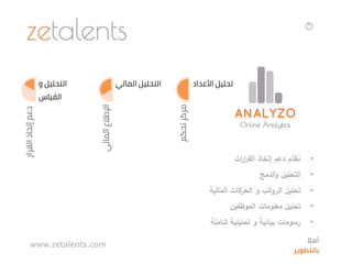 •‫ات‬‫ر‬‫ا‬‫ر‬‫الق‬ ‫إتخاذ‬ ‫دعم‬ ‫نظام‬
•‫الدمج‬‫و‬ ‫التحليل‬
•‫المالية‬ ‫الحركات‬ ‫و‬ ‫اتب‬‫و‬‫الر‬ ‫تحليل‬
•‫معلومات‬ ‫تحليل‬‫الموظفين‬
•‫شاملة‬ ‫تحليلية‬ ‫و‬ ‫بيانية‬ ‫رسومات‬
‫القرار‬‫إتخاذ‬‫دعم‬
‫و‬ ‫التحليل‬
‫القياس‬
‫المالي‬‫اإلطالع‬
‫المالي‬ ‫التحليل‬
‫تحكم‬‫مركز‬
‫األعداد‬ ‫تحليل‬
www.zetalents.com ‫ا‬‫أهال‬
‫بالتطوير‬
 