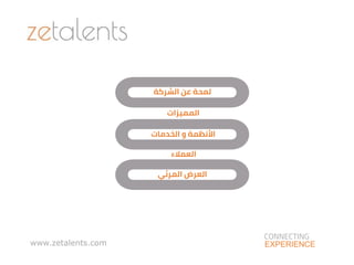 CONNECTING
EXPERIENCEwww.zetalents.com
‫المميزات‬
‫الشركة‬ ‫عن‬ ‫لمحة‬
‫الخدمات‬ ‫و‬ ‫األنظمة‬
‫العمالء‬
‫المرئي‬ ‫العرض‬
 