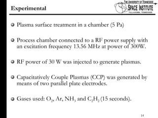 Experimental Plasma surface treatment in a chamber (5 Pa) Process chamber connected to a RF power supply with an excitation frequency 13.56 MHz at power of 300W. RF power of 30 W was injected to generate plasmas.  Capacitatively Couple Plasmas (CCP) was generated by means of two parallel plate electrodes.  Gases used: O 2 , Ar, NH 3  and C 2 H 2  (15 seconds). 