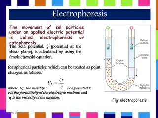 Electrophoresis
The zeta potential, § (potential at the
shear plane), is calculated by using the
Smoluchowski equation.
for spherical particles, which can be treated as point
charges, as follows:
where UE ,the mobility under an applied potential E,
εis the permittivity of the electrolyte medium, and
ɳ is the viscosity of the medium.
The movement of sol particles
under an applied electric potential
is called electrophoresis or
cataphoresis.
Fig: electroporesis
12/14/2018 7
 