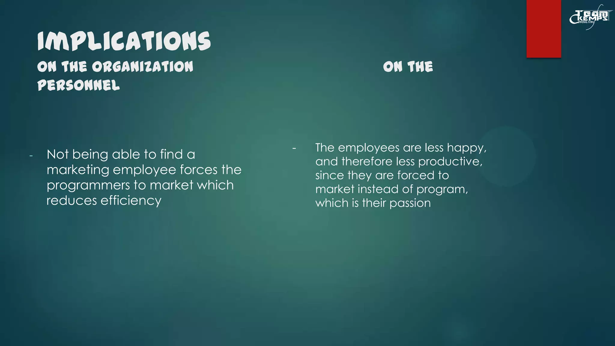 Implications
On the Organization
personnel

-

Not being able to find a
marketing employee forces the
programmers to market which
reduces efficiency

On the

-

The employees are less happy,
and therefore less productive,
since they are forced to
market instead of program,
which is their passion

 