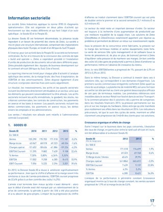 Information sectorielle
La société Zetes Industries applique la norme IFRS 8 «Segments
opérationnels». Elle est organisée en deux pôles d’activité qui
fonctionnent sur des modes différents et qui font l’objet d’un suivi
spécifique : le Goods ID et le People ID.
La division Goods ID est fortement décentralisée, la présence locale
répondant à un besoin de proximité des clients de Zetes. La société a
mis en place une structure internationale, comprenant des implantations
physiques dans toute l'Europe, en Israël et en Afrique du Sud (15 pays).
A l'inverse, pour son activité dans le People ID, la société est fortement
centralisée. Au fur et à mesure de la conclusion des contrats de type
« build and operate », Zetes a cependant procédé à l’installation
d’unités de production de documents sécurisés dans différents pays.
Zetes possède également des équipes de business development sur
le continent africain (Afrique du Sud, Cote d’Ivoire).
Le reporting interne est limité pour chaque pôle d’activité à l’analyse
spécifique des ventes, de la marge brute, des frais d’exploitation, de
l’EBITDA et des amortissements. Zetes dispose également d’une
structure «corporate» dont les frais sont suivis séparément.
Le résultat, les investissements, les actifs et les passifs sectoriels
incluent les éléments directement attribuables à un secteur, ainsi que
les éléments qui peuvent raisonnablement lui être alloués. Les actifs
sectoriels incluent les actifs immobilisés, le goodwill, les stocks, les
créances commerciales, les contrats de construction, les paiements
en avance et les taxes à recevoir. Les passifs sectoriels incluent les
dettes commerciales, les paiements en avance reçus, les dettes
envers les employés et les administrations.
Les ventes / résultats non alloués sont relatifs à l’administration
centrale (corporate).
1.	 GOODS ID
Goods ID 2010 2011 2012 2013 %
En '000 €
Ventes 155.290 170.703 171.518 171.187 -0,2%
Marge brute 63.047 68.518 69.323 68.334 -1,4%
Charges opérat. -51.652 -58.636 -61.884 -59.226 -4,3%
EBITDA Courant 11.395 9.882 7.439 9.108 22,4%
% Ventes 7,30% 5,80% 4,34% 5,32%
EBITDA 11.002 9.258 6.285 8.415 33,9%
EBIT Courant 7.054 5.225 2.296 3.201 39,4%
En 2013, la Division Goods ID a réussi à améliorer significativement
sa performance ; bien que le chiffre d’affaires et la marge soient très
similaires à ceux de l’année précédente, l’EBITDA courant progresse
de 22,4% grâce à un bon contrôle des coûts (-4,3%).
L’année s’est terminée bien mieux qu’elle n’avait démarré : alors
que le début d’année avait été marqué par un ralentissement de la
prise de commande, la période à partir de l’été a été plus positive
et a vu aboutir de gros projets. L’impact de la progression du chiffre
d’affaires se traduit clairement dans l’EBITDA courant qui est près
de doubler entre le premier et le second semestre (3,1 millions € vs
6,0 millions €).
Le secteur du retail reste un important donneur d’ordre. Ce secteur
est toujours à la recherche d’une augmentation de productivité par
une meilleure traçabilité de la supply chain. Les solutions de Zetes
(ZetesMedea et ZetesChronos notamment) apportent une réponse au
problème et permettent de délivrer un retour sur investissement rapide.
Sous la pression de la concurrence entre fabricants, la pression sur
la marge des terminaux mobiles et autres équipements reste forte.
La vente de services (life cycle management) et de software (sous la
forme de prestations et, de plus en plus, de licences) permet à Zetes
d’équilibrer cette pression et de maintenir ses marges. Un bon contrôle
des coûts lié à des gains de productivité a permis à Zetes d’améliorer sa
performance, même en l’absence de croissance du revenu.
Ainsi, le ratio EBITDA/ventes a progressé de 1%, passant de 4,3% en
2012 à 5,3% en 2013.
Dans le même temps, la Division a continué à investir dans ses 6
solutions clés, qui correspondent à ses domaines d’expertises. Les
premiers succès commerciaux enregistrés confortent Zetes quant au
choix de sa stratégie. La plateforme de mobilité MCL est ainsi fort bien
accueillie car elle permet au client une gestion beaucoup plus efficace
de son parc de terminaux mobiles. Les premières références sont
installées dans le secteur Retail non food et dans le secteur Transport.
Si la commercialisation des 6 solutions clés a permis de compenser,
dans les résultats financiers 2013, la pression permanente sur les
prix et sur les marges du hardware, Zetes anticipe qu’elle manifeste
plus visiblement ses effets dans les résultats en 2014. Les indicateurs
précurseurs, tel que le suivi des cycles de vente, montrent en effet
clairement une progression de l’intérêt des clients pour ces solutions.
Croissance organique et effets de change
Outre l’impact sur le business dans les pays concernés, l’évolution
des taux de change, en particulier entre le rand sud-africain et l’euro,
ont été défavorables à la division Goods ID.
Goods ID
Effet de change exclu
2012 2013 %
En ‘000 €
Ventes 171.518 174.699 1,9%
Marge brute 69.323 69.768 0,6%
% Marge brute / Ventes 40,4% 39,9%
Charges opérat. (61.884) (60.631) -2,0%
EBITDA Courant 7.439 9.137 22,8%
% Ventes 4,3% 5,2%
EBITDA 6.285 8.421 34,0%
L’analyse de la performance à périmètre constant (croissance
organique) montre qu’à taux de change constant, les ventes auraient
progressé de 1,9% et la marge brute de 0,6%.
17
 