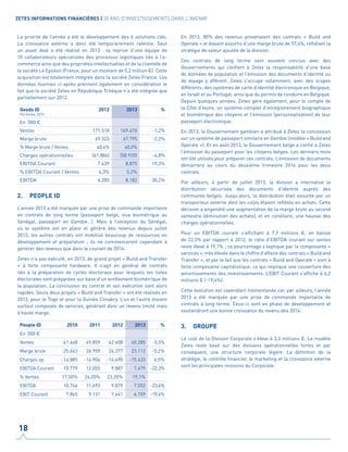 La priorité de l’année a été le développement des 6 solutions clés.
La croissance externe a donc été temporairement ralentie. Seul
un asset deal a été réalisé en 2013 : la reprise d’une équipe de
10  collaborateurs spécialistes des processus logistiques liés à l’e-
commerce ainsi que des propriétés intellectuelles et de la clientèle de
la société L4 Epsilon (France, pour un montant de 0,2 million €). Cette
acquisition est totalement intégrée dans la société Zetes France. Les
données fournies ci-après prennent également en considération le
fait que la société Zetes en République Tchèque n’a été intégrée que
partiellement sur 2012.
Goods ID
Pro forma 2013
2012 2013 %
En ‘000 €
Ventes 171.518 169.470 -1,2%
Marge brute 69.323 67.795 -2,2%
% Marge brute / Ventes 40,4% 40,0%
Charges opérationnelles (61.884) (58.920) -4,8%
EBITDA Courant 7.439 8.875 19,3%
% EBITDA Courant / Ventes 4,3% 5,2%
EBITDA 6.285 8.182 30,2%
2.	 PEOPLE ID
L’année 2013 a été marquée par une prise de commande importante
en contrats de long terme (passeport belge, visa biométrique au
Sénégal, passeport en Gambie…). Mais à l’exception du Sénégal,
où le système est en place et génère des revenus depuis juillet
2013, les autres contrats ont mobilisé beaucoup de ressources en
développement et préparation ; ils ne commenceront cependant à
générer des revenus que dans le courant de 2014.
Zetes n’a pas exécuté, en 2013, de grand projet « Build and Transfer
» à forte composante hardware. Il s’agit en général de contrats
liés à la préparation de cycles électoraux pour lesquels les listes
électorales sont préparées sur base d’un enrôlement biométrique de
la population. La conclusion du contrat et son exécution sont alors
rapides. Seuls deux projets « Build and Transfer » ont été réalisés en
2013, pour le Togo et pour la Guinée Conakry. L’un et l’autre étaient
surtout composés de services, générant donc un revenu limité mais
à haute marge.
People ID 2010 2011 2012 2013 %
En ‘000 €
Ventes 61.448 49.859 42.608 40.285 -5,5%
Marge brute 25.663 26.959 24.377 23.112 -5,2%
Charges op. -14.885 -14.904 -14.490 -15.433 6,5%
EBITDA Courant 10.779 12.055 9.887 7.679 -22,3%
% Ventes 17,50% 24,20% 23,20% 19,1%
EBITDA 10.764 11.693 9.879 7.552 -23,6%
EBIT Courant 7.865 9.131 7.641 6.159 -19,4%
En 2013, 80% des revenus provenaient des contrats « Build and
Operate » et étaient assortis d’une marge brute de 57,4%, reflétant la
stratégie de valeur ajoutée de la division.
Ces contrats de long terme sont souvent conclus avec des
Gouvernements qui confient à Zetes la responsabilité d’une base
de données de population et l’émission des documents d’identité ou
de voyage y afférent. Zetes s’occupe notamment, avec des scopes
différents, des systèmes de carte d’identité électronique en Belgique,
en Israël et au Portugal, ainsi que du permis de conduire en Belgique.
Depuis quelques années, Zetes gère également, pour le compte de
la Côte d’Ivoire, un système complet d’enregistrement biographique
et biométrique des citoyens et l’émission (personnalisation) de leur
passeport électronique.
En 2013, le Gouvernement gambien a attribué à Zetes la concession
sur un système de passeport similaire en Gambie (modèle « Build and
Operate »). Et en août 2013, le Gouvernement belge a confié à Zetes
l’émission du passeport pour les citoyens belges. Les derniers mois
ont été utilisés pour préparer ces contrats. L’émission de documents
démarrera au cours du deuxième trimestre 2014 pour les deux
contrats.
Par ailleurs, à partir de juillet 2013, la division a internalisé la
distribution sécurisée des documents d’identité auprès des
communes belges. Jusqu’alors, la distribution était assurée par un
transporteur externe dont les coûts étaient reflétés en achats. Cette
décision a engendré une augmentation de la marge brute au second
semestre (diminution des achats), et en corollaire, une hausse des
charges opérationnelles.
Pour un EBITDA courant s’affichant à 7,7 millions €, en baisse
de 22,3% par rapport à 2012, le ratio d’EBITDA courant sur ventes
reste élevé à 19,1% ; ce pourcentage s’explique par la composante «
services », très élevée dans le chiffre d’affaire des contrats « Build and
Transfer », et par le fait que les contrats « Build and Operate » sont à
forte composante capitalistique, ce qui implique une couverture des
amortissements des investissements. L’EBIT Courant s’affiche à 6,2
millions € (-19,4%).
Cette évolution est cependant momentanée car, par ailleurs, l’année
2013 a été marquée par une prise de commande importante de
contrats à long terme. Ceux-ci sont en phase de développement et
soutiendront une bonne croissance du revenu dès 2014.
3.	GROUPE
Le coût de la Division Corporate s’élève à 3,3 millions €. Le modèle
Zetes reste basé sur des divisions opérationnelles fortes et par
conséquent, une structure corporate légère. La définition de la
stratégie, le contrôle financier, le marketing et la croissance externe
sont les principales missions du Corporate.
18
ZETES INFORMATIONS FINANCIÈRES | 30 ANS D'INVESTISSEMENTS DANS L'AVENIR
 