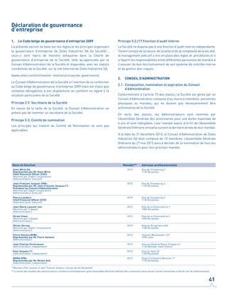Déclaration de gouvernance
d’entreprise
1.	 Le Code belge de gouvernance d’entreprise 2009
La présente section se base sur les règles et les principes organisant
la gouvernance d’entreprise de Zetes Industries SA (la Société)  ;
ceux-ci sont repris de manière exhaustive dans la Charte de
gouvernance d’entreprise de la Société, telle qu’approuvée par le
Conseil d’Administration de la Société et disponible, avec les statuts
coordonnés de la Société, sur le site Internet de Zetes Industries SA,
(www.zetes.com/en/investor-relations/corporate-governance).
Le Conseil d’Administration de la Société a l’intention de se conformer
au Code belge de gouvernance d’entreprise 2009 mais est d’avis que
certaines dérogations à ses dispositions se justifient eu égard à la
situation particulière de la Société.
Principe 2.9. Secrétaire de la Société
En raison de la taille de la Société, le Conseil d’Administration ne
prévoit pas de nommer un secrétaire de la Société.
Principe 5.3. Comité de nomination
Les principes qui traitent du Comité de Nomination ne sont pas
applicables.
Principe 5.2./17 Fonction d’audit interne
La Société ne dispose pas d’une fonction d’audit interne indépendante.
Tenant compte de la nature, de la taille et de la complexité de la société,
le management exécutif a mis en place des règles et procédures et il
a réparti les responsabilités entre différentes personnes de manière à
s’assurer du bon fonctionnement de son système de contrôle interne
et de gestion des risques.
2.	 CONSEIL D’ADMINISTRATION
2.1.	Composition, nomination et expiration du Conseil
d’Administration				
Conformément à l’article 15 des statuts, la Société est gérée par un
Conseil d’Administration composé d’au moins 6 membres, personnes
physiques ou morales, qui ne doivent pas nécessairement être
actionnaires de la Société.
En vertu des statuts, les Administrateurs sont nommés par
l’Assemblée Générale des actionnaires pour une durée maximale de
6 ans et sont rééligibles. Leur mandat expire à la fin de l’Assemblée
Générale Ordinaire annuelle suivant la dernière année de leur mandat.
A la date du 31 décembre 2013, le Conseil d’Administration de Zetes
Industries SA était composé de 10 membres. L’Assemblée Générale
Ordinaire du 27 mai 2015 aura à décider de la nomination de tous les
administrateurs pour leur prochain mandat.
Nom et fonction Mandat** Adresse professionnelle
Alain Wirtz SA,
Représentée par Mr Alain Wirtz
Chief Executive Officer (CEO)
(Nommé par Zephir Corporation)
(Administrateur Exécutif)
2015 Rue de Strasbourg 3
1130 Bruxelles
Jean-François Jacques SPRL,
Représentée par Mr Jean-François Jacques (*)
Président du Conseil d’Administration
(Nommé par Zephir Corporation)
(Administrateur Exécutif)
2015 Rue de Strasbourg 3
1130 Bruxelles
Pierre Lambert
Chief Financial Officer (CFO)
(Administrateur Exécutif)
2015 Rue de Strasbourg 3
1130 Bruxelles
Jean-Marie Laurent Josi
(Nommé par Cobepa)
(Administrateur)
2015 Rue de la Chancellerie 2
1000 Bruxelles
Hiram Claus
(Nommé par Cobepa)
(Administrateur)
2015 Rue de la Chancellerie 2
1000 Bruxelles
Olivier Gernay
(Nommé par Zephir Corporation)
(Administrateur)
2015 Avenue Brugmann 403
1180 Bruxelles
Floris Vansina BVBA
Représentée par Mr Floris Vansina
(Administrateur)
2015 Charles Woestelaan 147
1090 Jette
José-Charles Zurstrassen
(Administrateur indépendant)
2015 Avenue Général Baron Empain 41
1150 Woluwe-Saint-Pierre
Paul Jacques (*)
(Administrateur indépendant)
2015 Rue du Ham 20
1180 Bruxelles
GEMA SPRL	
Représentée par Mr Michel Allé
(Administrateur indépendant)
2015 Place Constantin Meunier 17
1190 Bruxelles
* Messieurs Paul Jacques et Jean-François Jacques n’ont pas de lien de parenté.
** La durée des mandats des administrateurs s’achèvera immédiatement après l’Assemblée Générale Ordinaire des actionnaires tenue durant l’année mentionnée à côté du nom de l’administrateur.
41
 