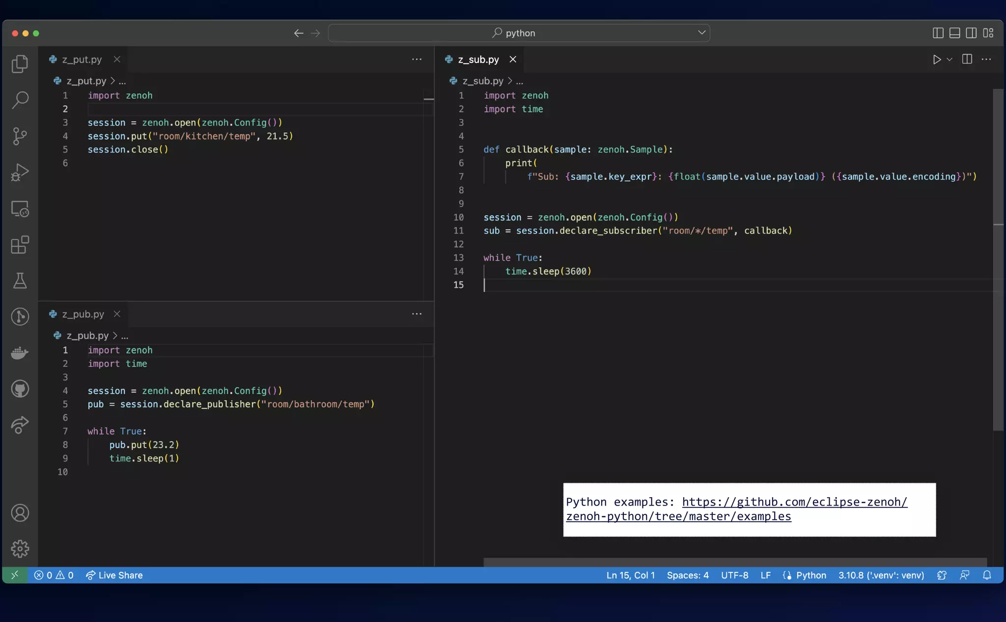 Python examples: https://github.com/eclipse-zenoh/
zenoh-python/tree/master/examples
 