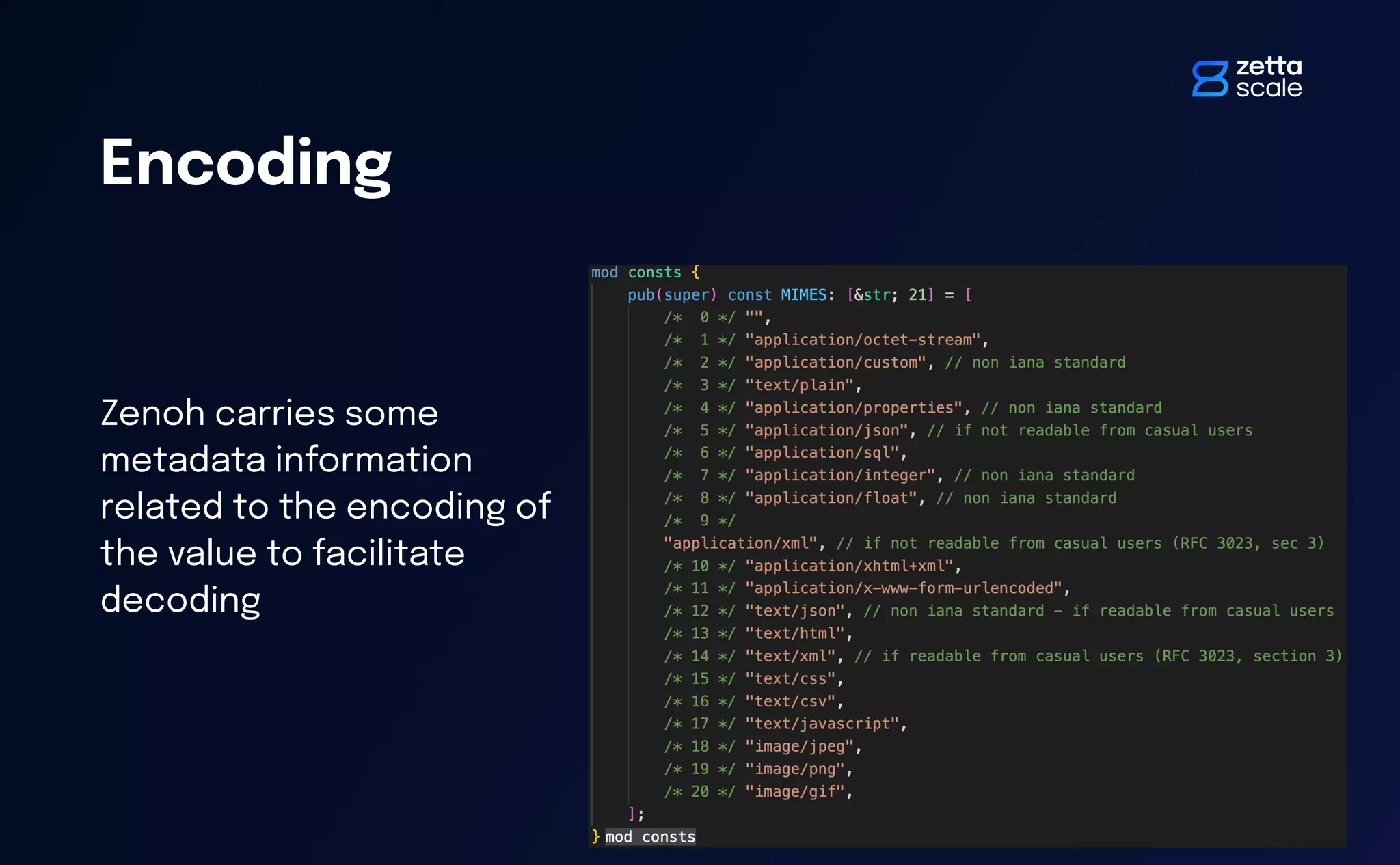 Zenoh carries some
metadata information
related to the encoding of
the value to facilitate
decoding
Encoding
 