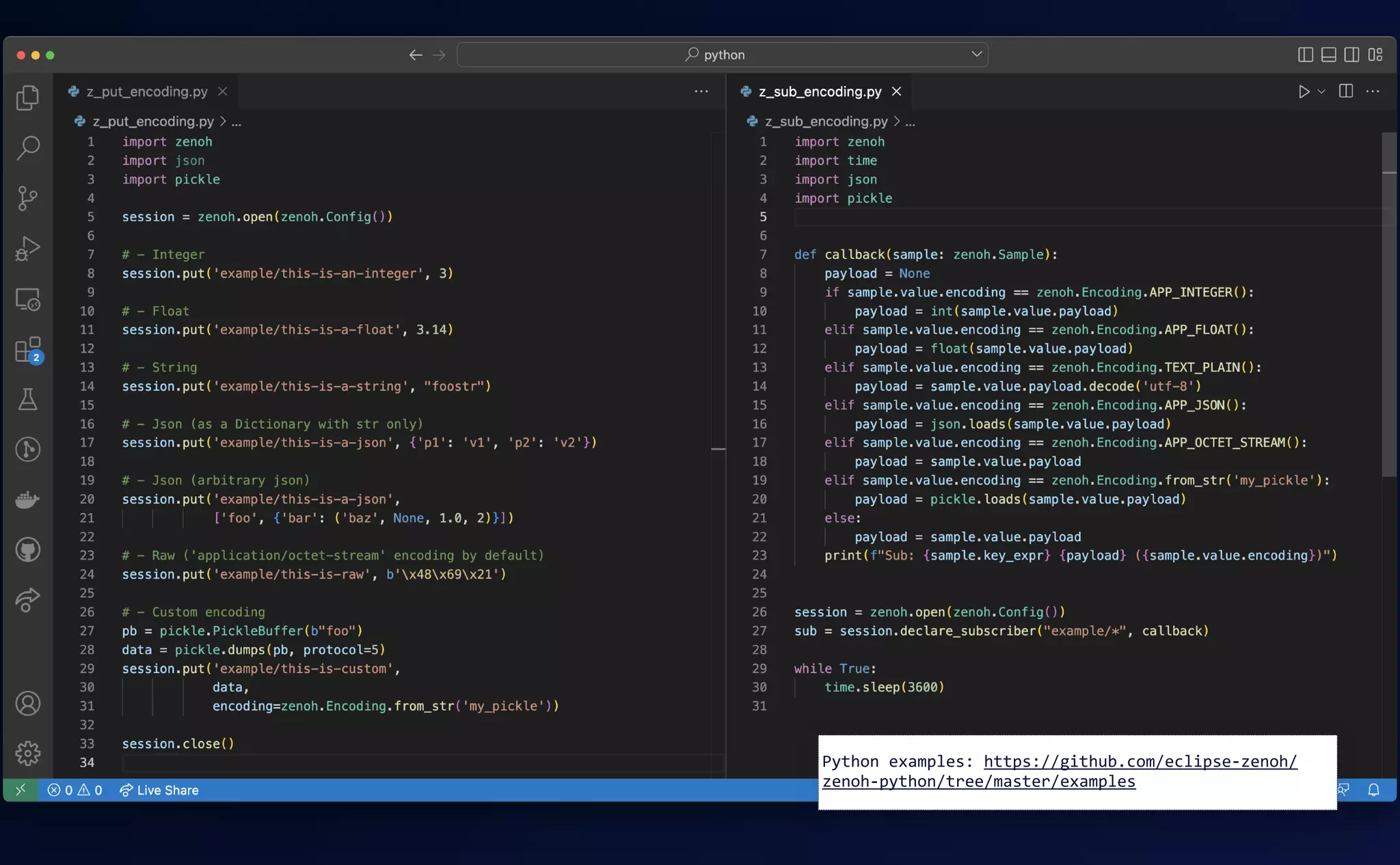 Python examples: https://github.com/eclipse-zenoh/
zenoh-python/tree/master/examples
 