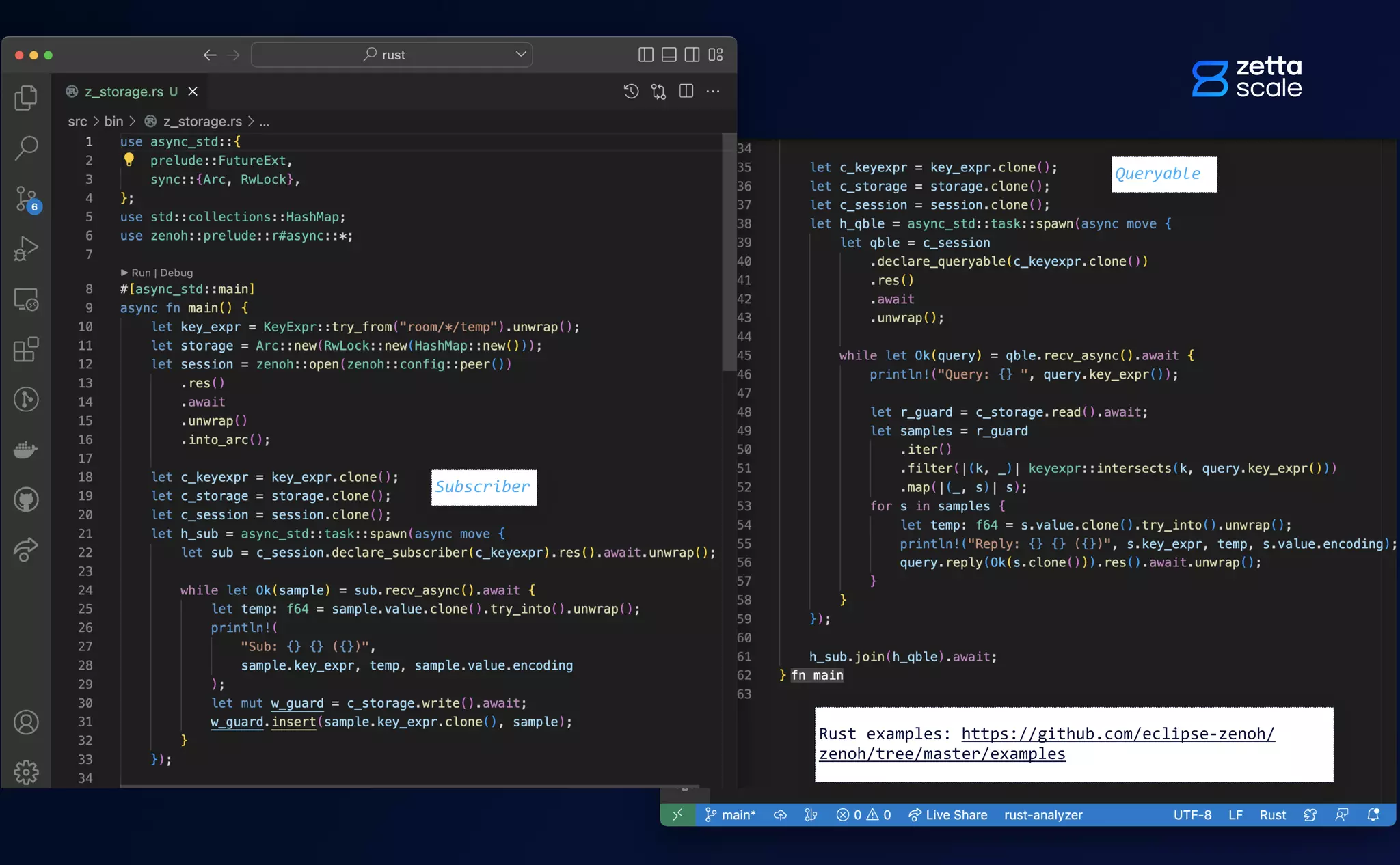 Rust examples: https://github.com/eclipse-zenoh/
zenoh/tree/master/examples
Subscriber
Queryable
 