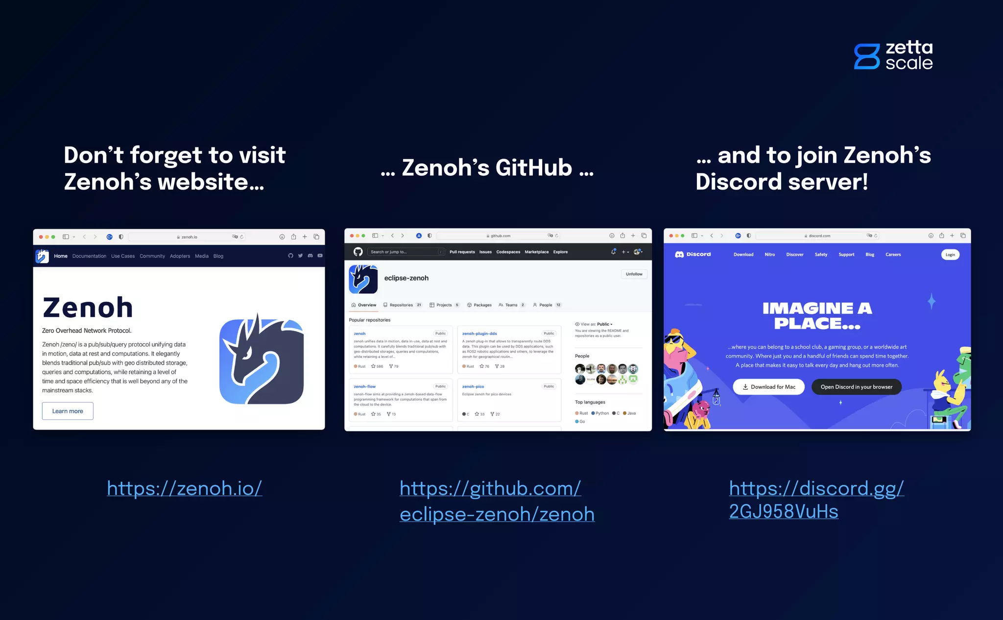Don’t forget to visit
Zenoh’s website…
https://zenoh.io/
… Zenoh’s GitHub …
https://github.com/
eclipse-zenoh/zenoh
… and to join Zenoh’s
Discord server!
https://discord.gg/
2GJ958VuHs
 