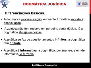 Zetética x Dogmática
DOGMÁTICA JURÍDICA
Diferenciações básicas.
• A dogmática procura a ação, enquanto à zetética importa a
especulação.
• A zetética não tem reserva em perquirir, sentir dúvida, já a
dogmática almeja respostas.
• A zetética se faz de questionamentos infinitos, a dogmática
tem finitude.
• A zetética é informativa; a dogmática, por sua vez, além de
informativa, é diretiva.
 