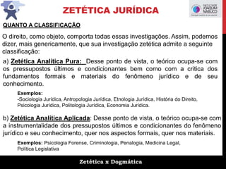 Zetética x Dogmática
ZETÉTICA JURÍDICA
QUANTO A CLASSIFICAÇÃO
O direito, como objeto, comporta todas essas investigações. Assim, podemos
dizer, mais genericamente, que sua investigação zetética admite a seguinte
classificação:
a) Zetética Analítica Pura: Desse ponto de vista, o teórico ocupa-se com
os pressupostos últimos e condicionantes bem como com a critica dos
fundamentos formais e materiais do fenômeno jurídico e de seu
conhecimento.
b) Zetética Analítica Aplicada: Desse ponto de vista, o teórico ocupa-se com
a instrumentalidade dos pressupostos últimos e condicionantes do fenômeno
jurídico e seu conhecimento, quer nos aspectos formais, quer nos materiais.
Exemplos:
-Sociologia Jurídica, Antropologia Jurídica, Etnologia Jurídica, História do Direito,
Psicologia Jurídica, Politologia Jurídica, Economia Jurídica.
Exemplos: Psicologia Forense, Criminologia, Penalogia, Medicina Legal,
Política Legislativa
 