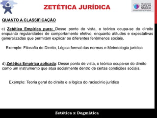 Zetética x Dogmática
ZETÉTICA JURÍDICA
c) Zetética Empírica pura: Desse ponto de vista, o teórico ocupa-se do direito
enquanto regularidades de comportamento efetivo, enquanto atitudes e expectativas
generalizadas que permitam explicar os diferentes fenômenos sociais.
d) Zetética Empírica aplicada: Desse ponto de vista, o teórico ocupa-se do direito
como um instrumento que atua socialmente dentro de certas condições sociais.
QUANTO A CLASSIFICAÇÃO
Exemplo: Filosofia do Direito, Lógica formal das normas e Metodologia jurídica
Exemplo: Teoria geral do direito e a lógica do raciocínio jurídico
 