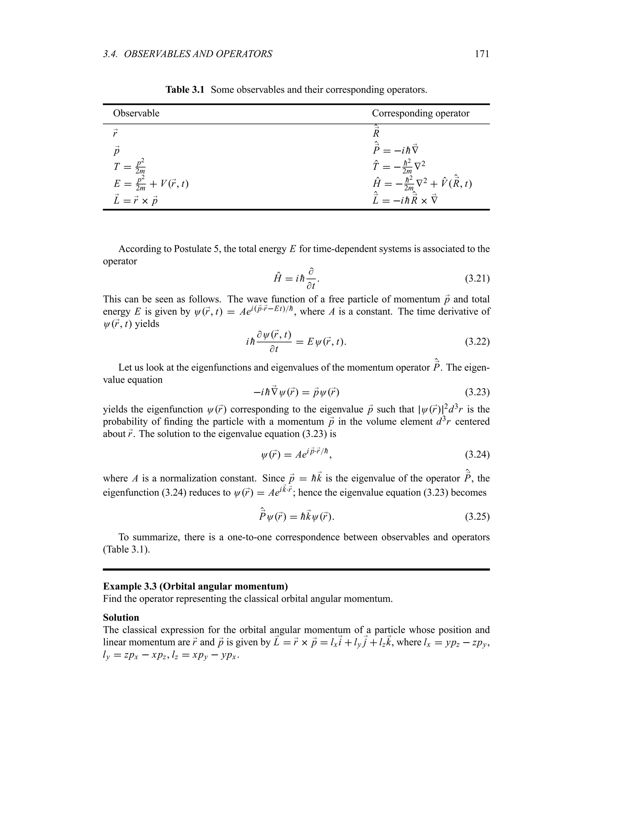 3.4. OBSERVABLES AND OPERATORS 171
Table 3.1 Some observables and their corresponding operators.
Observable Corresponding operator
;
r ;
R
;
p ;
P  i 
h ;
V
T  p2
2m T   
h2
2m V2
E  p2
2m  V;
r t H   
h2
2m V2  V ;
R t
;
L  ;
r  ;
p ;
L  i 
h ;
R  ;
V
According to Postulate 5, the total energy E for time-dependent systems is associated to the
operator
H  i 
h

t
 (3.21)
This can be seen as follows. The wave function of a free particle of momentum ;
p and total
energy E is given by O;
r t  Aei ;
p;
rEt
h, where A is a constant. The time derivative of
O;
r t yields
i 
h
O;
r t
t
 EO;
r t (3.22)
Let us look at the eigenfunctions and eigenvalues of the momentum operator ;
P. The eigen-
value equation
i 
h ;
VO;
r  ;
pO;
r (3.23)
yields the eigenfunction O;
r corresponding to the eigenvalue ;
p such that O;
r 2d3r is the
probability of finding the particle with a momentum ;
p in the volume element d3r centered
about ;
r. The solution to the eigenvalue equation (3.23) is
O;
r  Aei ;
p;
r
h
 (3.24)
where A is a normalization constant. Since ;
p  
h;
k is the eigenvalue of the operator ;
P, the
eigenfunction (3.24) reduces to O;
r  Aei;
k;
r ; hence the eigenvalue equation (3.23) becomes
;
PO;
r  
h;
kO;
r (3.25)
To summarize, there is a one-to-one correspondence between observables and operators
(Table 3.1).
Example 3.3 (Orbital angular momentum)
Find the operator representing the classical orbital angular momentum.
Solution
The classical expression for the orbital angular momentum of a particle whose position and
linear momentum are ;
r and ;
p is given by ;
L  ;
r  ;
p  lx;
i  ly ;
j  lz ;
k, where lx  ypz  zpy,
ly  zpx  xpz, lz  xpy  ypx.
 